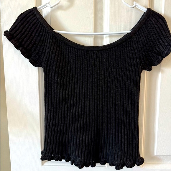 Versona Tops - Versona Black Cropped Ribbed Top, S, Boat Neck, Cap Sleeves NWOT